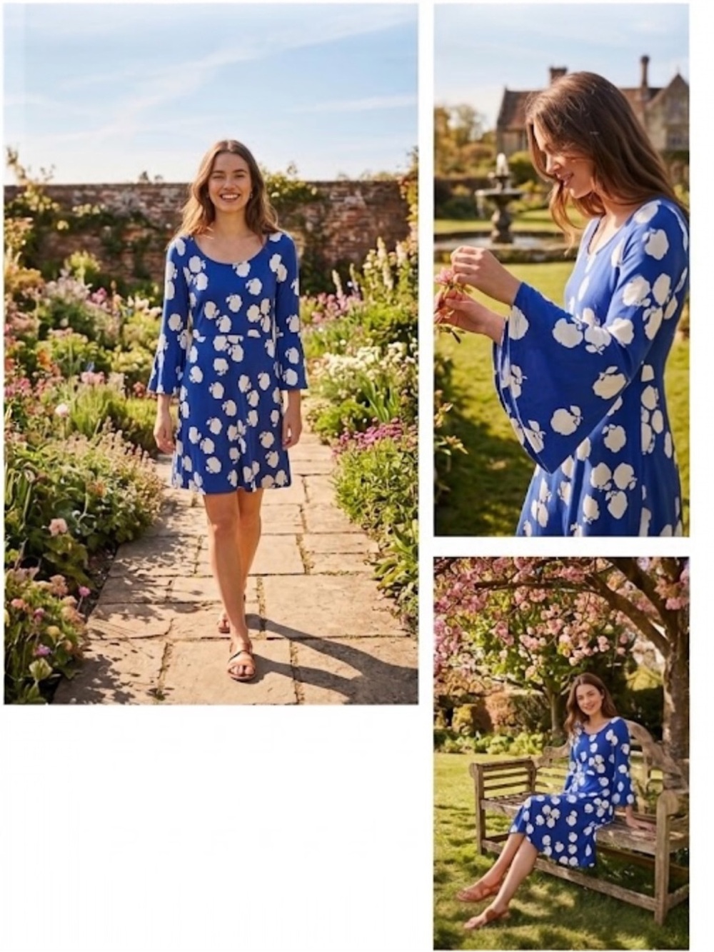 Boden Blue and White A-line Miriam Dress with Crew Neck Size‎ 2
